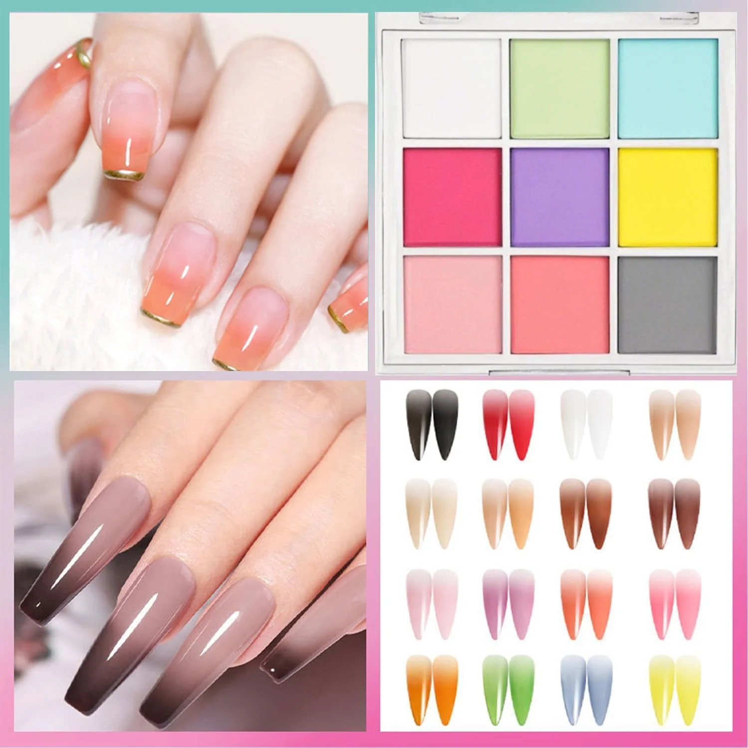 مجموعه پودر رنگدانه ناخن ۹ رنگ با برس های اسفنجی دو طرفه، کیت حرفه ای طراحی ناخن اکلیلی آمبره، لوازم جانبی مانیکور سازگار با ژل UV