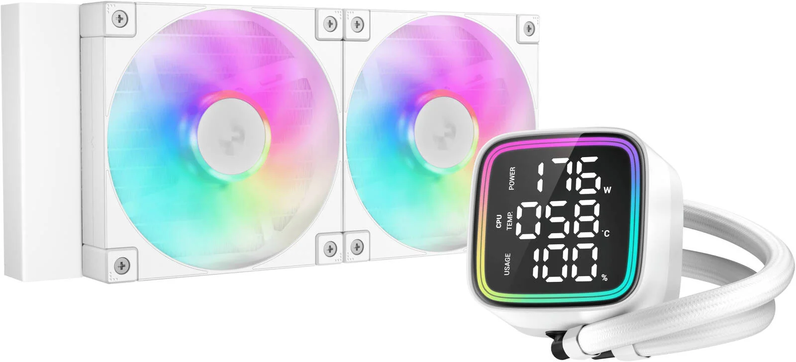 خنک کننده مایع پردازنده دیپ کول مدل LD240 با رادیاتور 240 میلی‌متری، نمایشگر دیجیتال چند خطی LED، نمایش وضعیت لحظه‌ای پردازنده، 2 عدد فن 120 میلی‌متری FD12 ARGB، سرعت فن 2400 دور در دقیقه، جریان هوای 72.04 CFM، سفید | R-LD240-WHDMMN-G-1