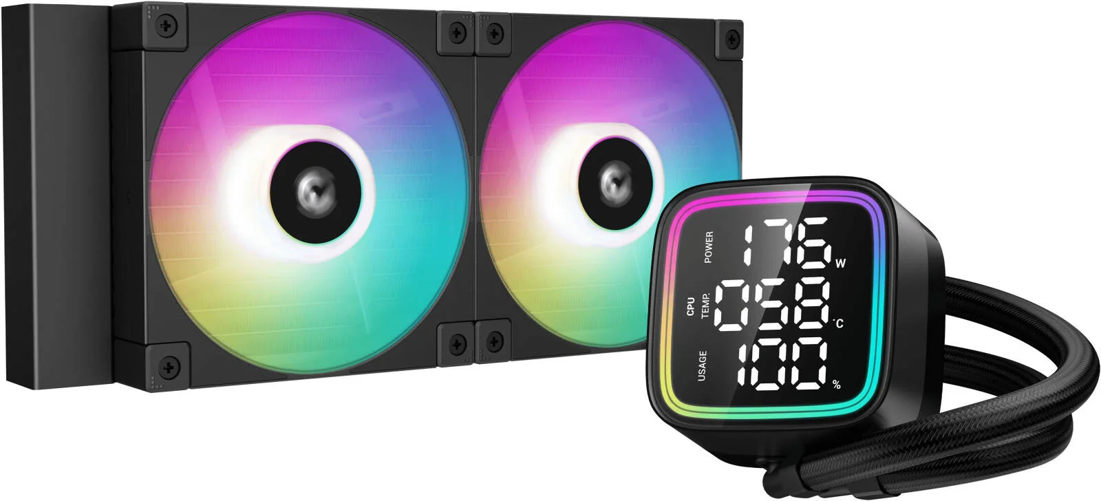 خنک کننده مایع پردازنده دیپ کول مدل LD240 با رادیاتور 240 میلی‌متری، نمایشگر دیجیتال چند خطی LED، نمایش وضعیت لحظه‌ای پردازنده، 2 عدد فن 120 میلی‌متری FD12 ARGB، سرعت فن 2400 دور در دقیقه، جریان هوای 72.04 CFM، مشکی | R-LD240-BKMSN-G-1