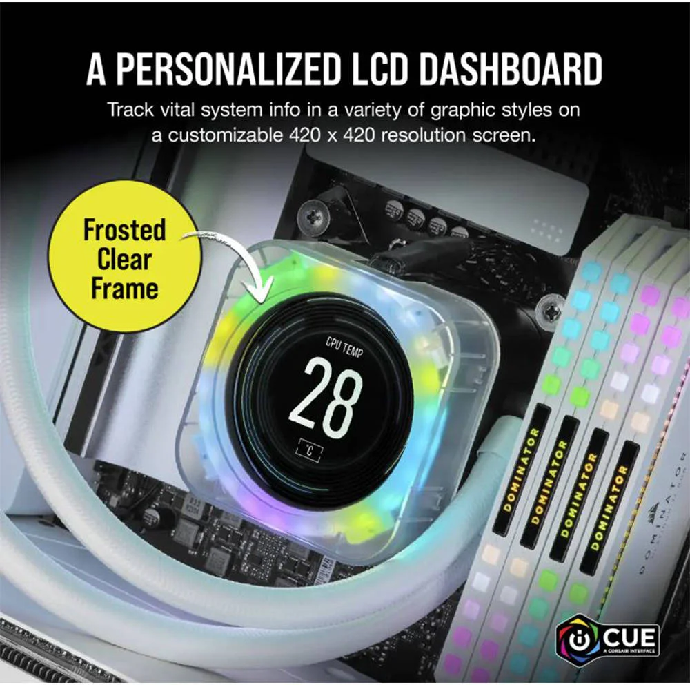 کیت ارتقاء ال سی دی خنک کننده پردازنده Corsair Elite، اندازه صفحه نمایش 2.1 اینچ، 16.7 میلیون رنگ، نرخ تازه سازی 30 هرتز، حداکثر رزولوشن 480x480، Ice - Clear | CW-9060067-WW