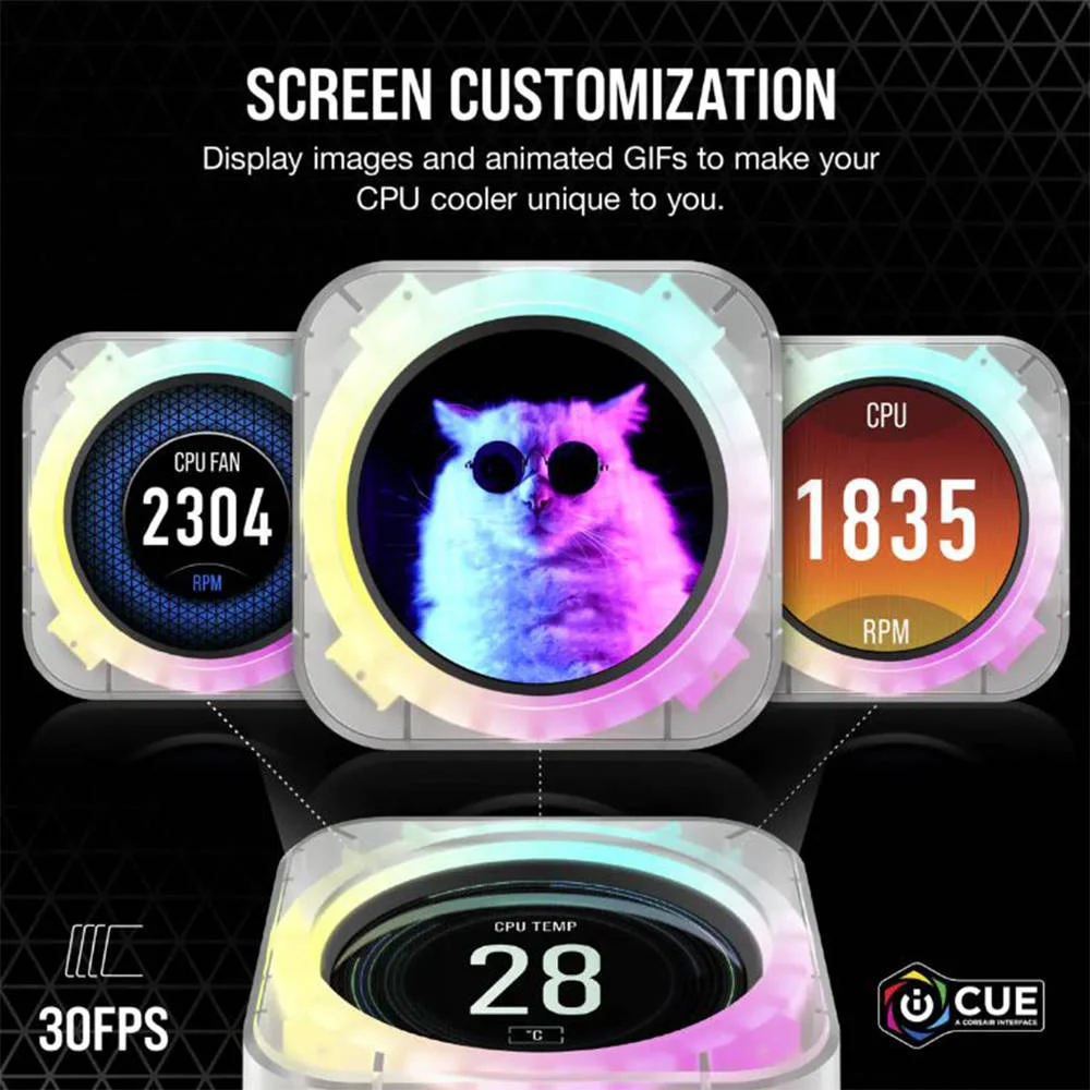 کیت ارتقاء ال سی دی خنک کننده پردازنده Corsair Elite، اندازه صفحه نمایش 2.1 اینچ، 16.7 میلیون رنگ، نرخ تازه سازی 30 هرتز، حداکثر رزولوشن 480x480، Ice - Clear | CW-9060067-WW