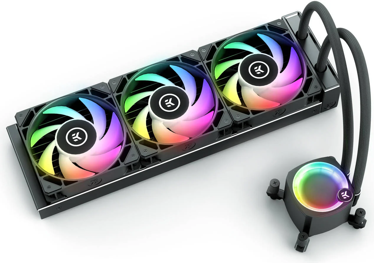 خنک‌کننده مایع پردازنده EK-Nucleus AIO CR360 Lux D-RGB، رادیاتور 360 میلی‌متری، فن‌های 120 میلی‌متری EK-Loop FPT، سرعت فن 2300 دور در دقیقه، جریان هوای 72 CFM، قسمت بالایی پمپ چرخشی، نورپردازی ARGB، مشکی | 3831109851685