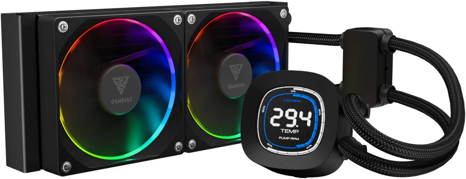 خنک کننده پردازنده GAMDIAS Chione M4-240 Elite، صفحه نمایش LCD 2.1 اینچی، سرعت فن 800 - 2000 دور در دقیقه، جریان هوای 69.01 CFM، فشار هوای 2.37 mmH2O، نوع بلبرینگ هیدرولیک، مشکی | CHIONE M4-240