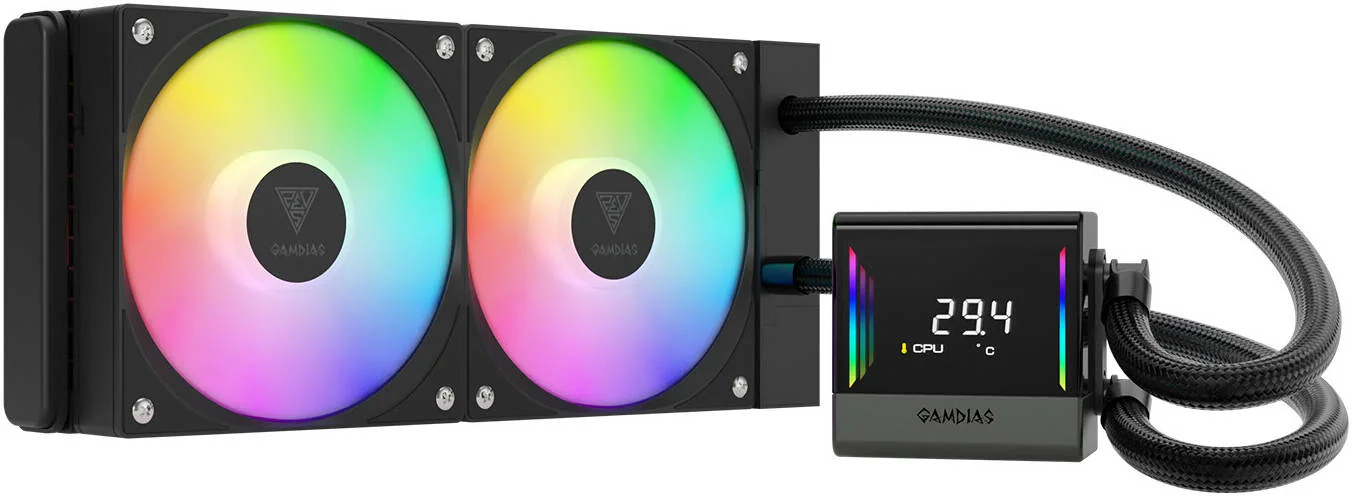 خنک کننده مایع GAMDIAS Chione E4-240، سرعت 800 - 1800 دور در دقیقه، جریان هوای 73.36 CFM، فشار هوای 2.12 mmH2O، کانکتور PWM و 5V sync، مشکی | CHIONE E4-240