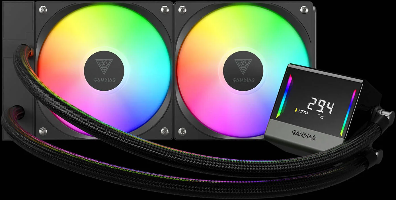 خنک کننده مایع GAMDIAS Chione E4-240، سرعت 800 - 1800 دور در دقیقه، جریان هوای 73.36 CFM، فشار هوای 2.12 mmH2O، کانکتور PWM و 5V sync، مشکی | CHIONE E4-240