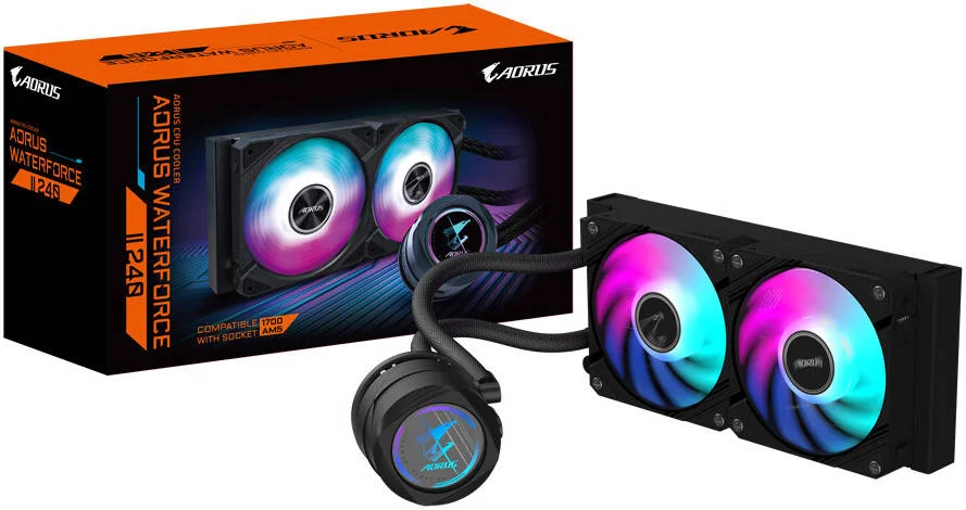 خنک کننده مایع پردازنده گیگابایت AORUS FORCE II 240، رادیاتور 240 میلی‌متری، 2 عدد فن 120 میلی‌متری aRGB، سرعت فن 2300 دور در دقیقه، جریان هوای 64.95 CFM، نوع HDB، جنس بلوک مسی، مشکی | AORUS-WATERFORCE-II-240