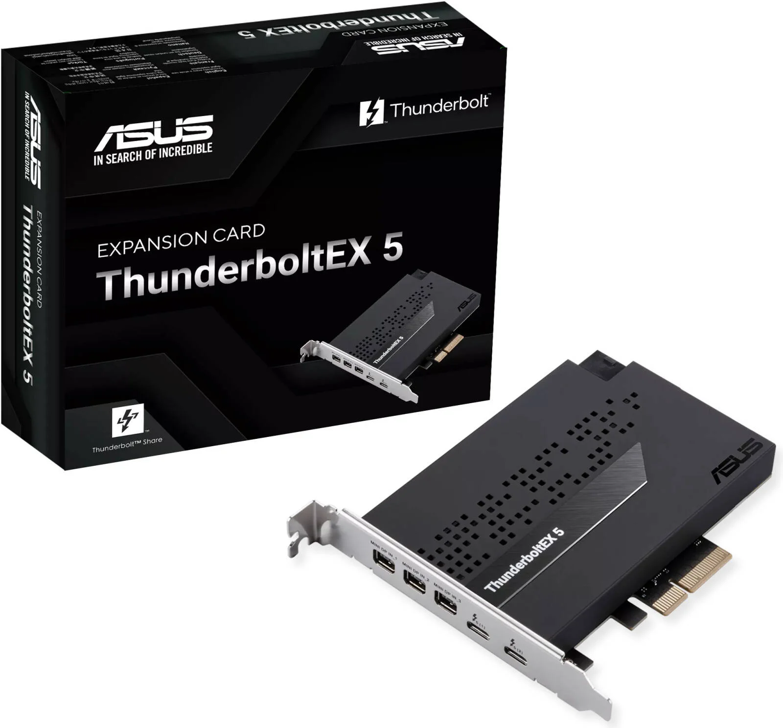کارت توسعه ایسوس ThunderboltEX 5، دارای 2 پورت USB Type-C، پهنای باند تا 120 گیگابیت بر ثانیه، 3 پورت Mini DisplayPort IN، شارژ سریع انعطاف پذیر 130 واتی، رابط PCIe 4.0 x4، مشکی | 90MC0E50-M0EAY0