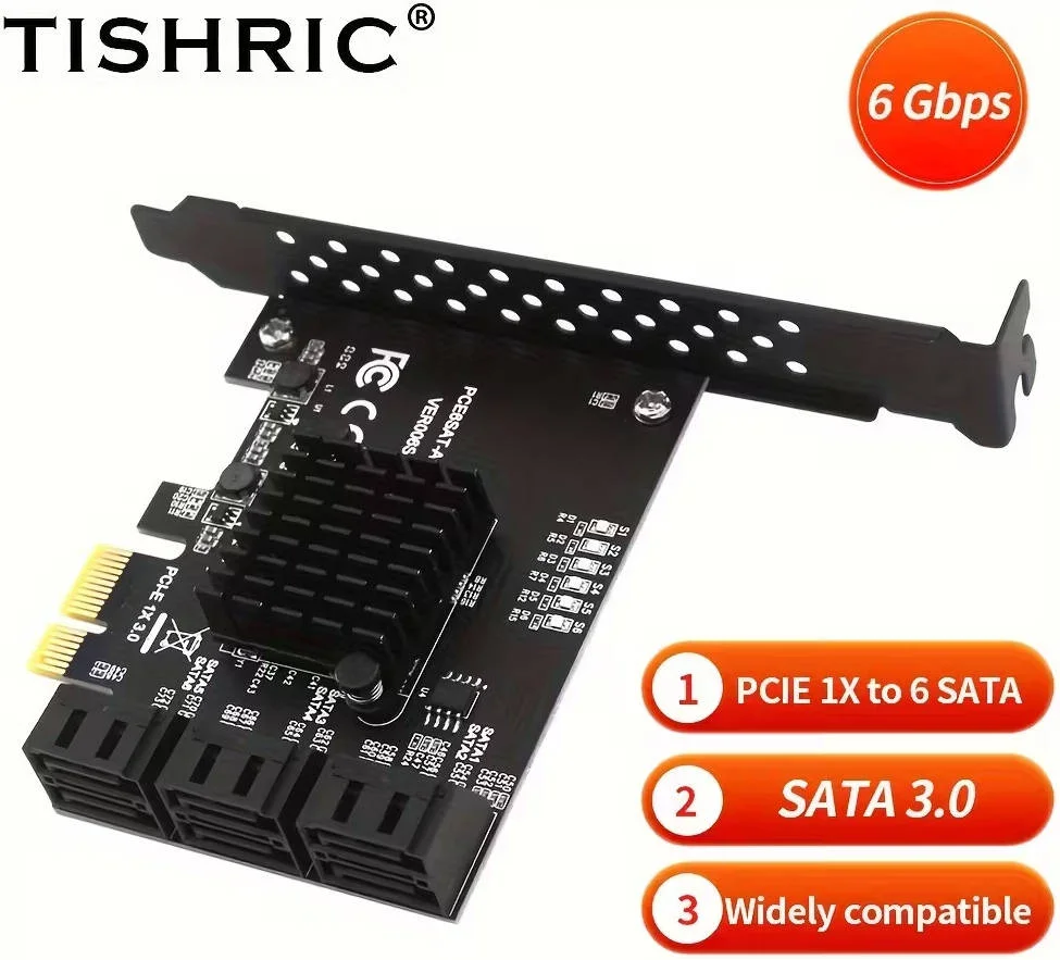 آداپتور TISHRIC PCIe به SATA III با سرعت 6 گیگابیت بر ثانیه، دارای 1 پورت SATA III با 6 خروجی، تبدیل سریع 6 گیگابیت بر ثانیه به 3.0، طراحی فشرده برای محفظه HDD/SSD، نصب آسان، بدون نیاز به برق، انتقال داده، مشکی