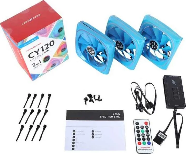 آبکون Core CY120B ARGB Spectrum Sync (بسته 3 عددی) شامل 3 فن 120 میلی‌متری LED ARGB به همراه جعبه کنترل و ریموت کنترل - آبی | CY120B