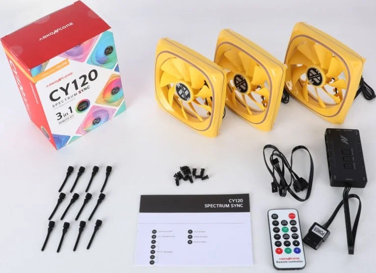 آبکون Core CY120Y ARGB Spectrum Sync (3 در 1) بسته 3 عددی فن های LED ARGB 120 میلی متری به همراه جعبه کنترل و کنترل از راه دور - زرد | CY120Y