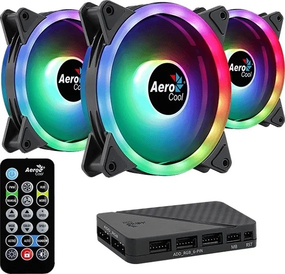 کیت فن کیس ایروکول Duo 12 Pro، 3 عدد فن 120 میلی‌متری، هاب و ریموت ARGB، بلبرینگ هیدرولیک، 1000 دور در دقیقه، جریان هوای 33.4CFM، 19.7dB، 6 پین، بسته 3 عددی | AC-DUO-12-PRO