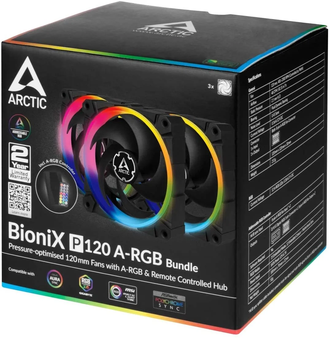 بسته سه تایی فن Arctic BioniX P120 A-RGB، 3 عدد فن 120 میلی‌متری PWM، هاب کنترل شده، رنگ قاب مشکی | ACFAN00156A