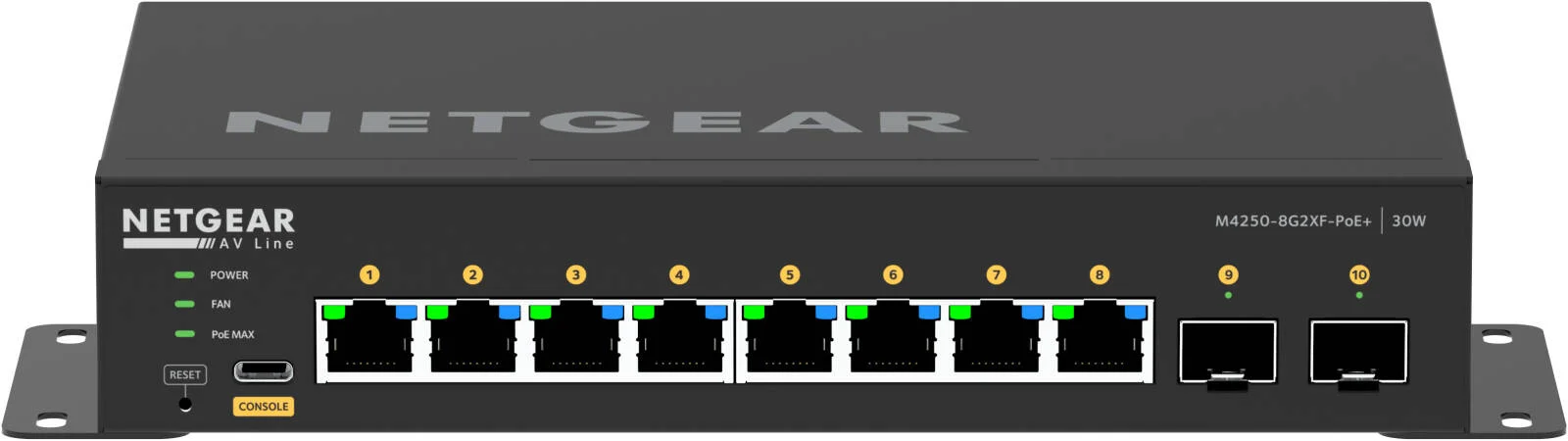 سوئیچ مدیریتی NETGEAR AV Line M4250-8G2XF-PoE+، دارای 8 پورت 1G PoE+ و 2 پورت SFP+، بودجه 220W، پشتیبانی از جامبو فریم تا 12 کیلوبایت، مصرف برق 257.9W/880.47Btu/hr، مشکی | GSM4210PX