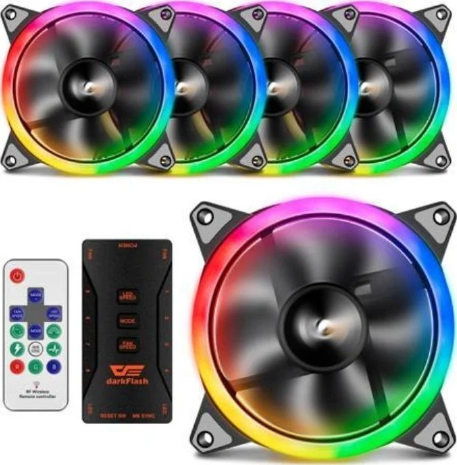 پک 5 عددی فن خنک کننده RGB مدل DR12-Pro دارک فلش، فن کیس کامپیوتر، نورپردازی RGB قابل تنظیم، 3 پین 5 ولت AURA SYNC LED، فن 120 میلی متری (دارای کنترلر)
