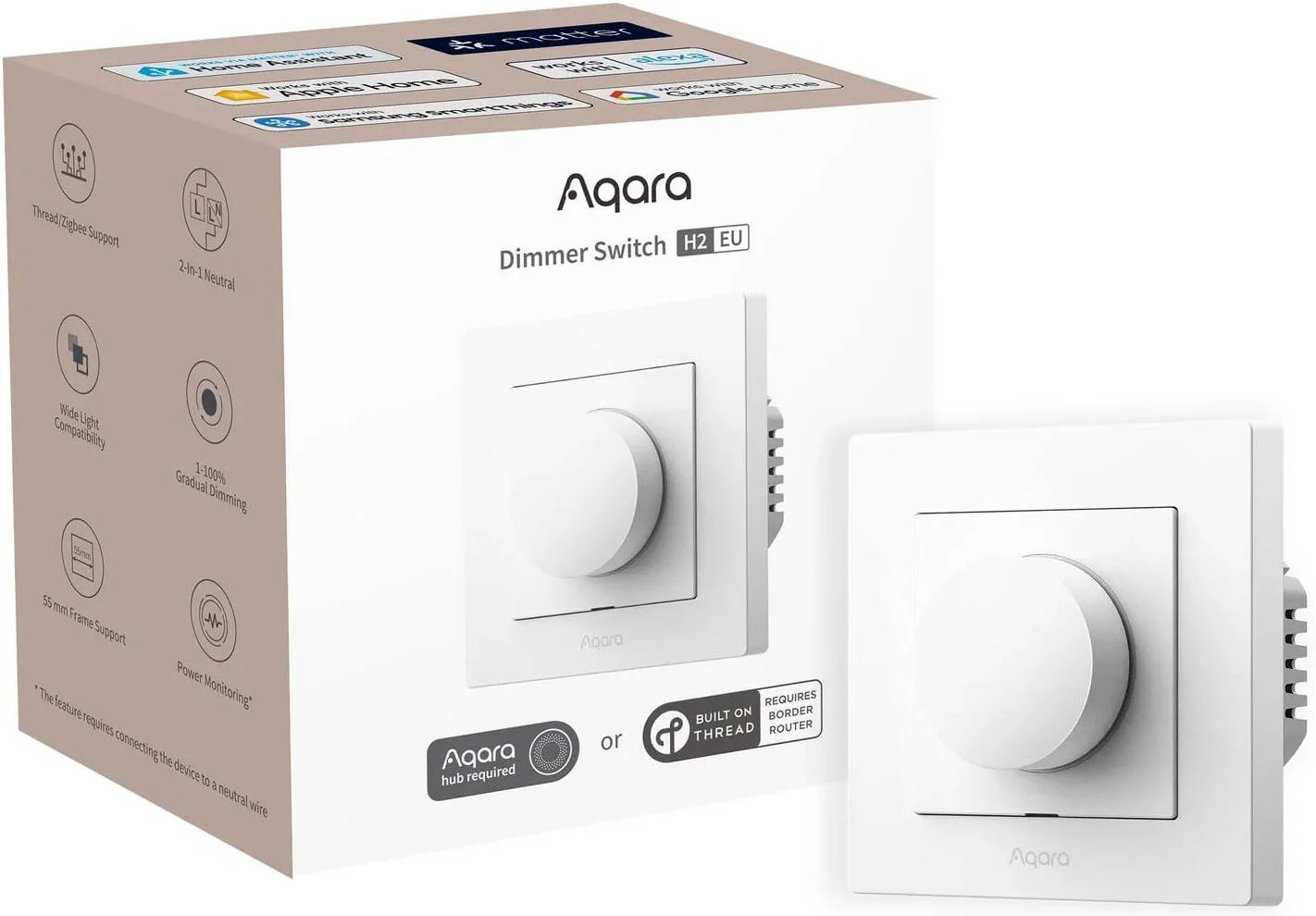 کلید دیمر هوشمند Aqara H2، 2 در 1، بدون نیاز به نول، تک پل، 200 وات، پشتیبانی از Thread/Zigbee، تنظیم نور تدریجی 1-100٪، پشتیبانی از فریم 55 میلی متری، نظارت بر مصرف برق، سفید | KD-R01D