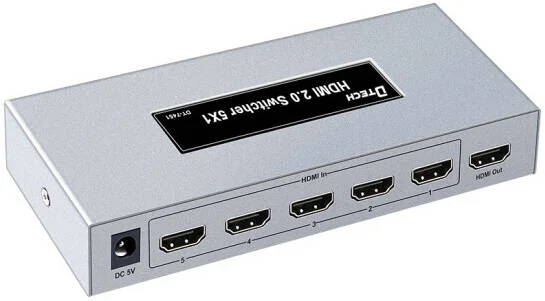 سوییچ HDMI دی-تک DT-7451، رزولوشن 3840x2160@60Hz، بدون نیاز به نصب درایور، اتصال و پخش آسان، 5 پورت، فاصله انتقال ورودی 10 متر، فاصله انتقال خروجی 5 متر، نقره ای | DT-7451