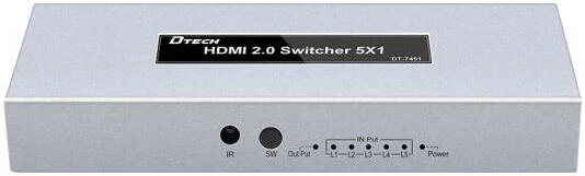 سوییچ HDMI دی-تک DT-7451، رزولوشن 3840x2160@60Hz، بدون نیاز به نصب درایور، اتصال و پخش آسان، 5 پورت، فاصله انتقال ورودی 10 متر، فاصله انتقال خروجی 5 متر، نقره ای | DT-7451