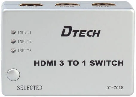 سوئیچ سه به یک HDMI دی-تک مدل DT-7018، رزولوشن 1080p و 3D، پشتیبانی از HDMI 1.4b، پشتیبانی از 250MHz/2.5Gbps در هر کانال، هوشمند/مکانیکی، خاکستری | DT-7018