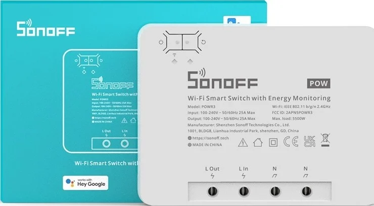 کلید هوشمند Sonoff POWR3، 25 آمپر/5500 وات، نظارت بر فراداده، کنترل صوتی، ورودی 100-240 ولت AC، وای فای 2.4 گیگاهرتز، سفید | POWR3