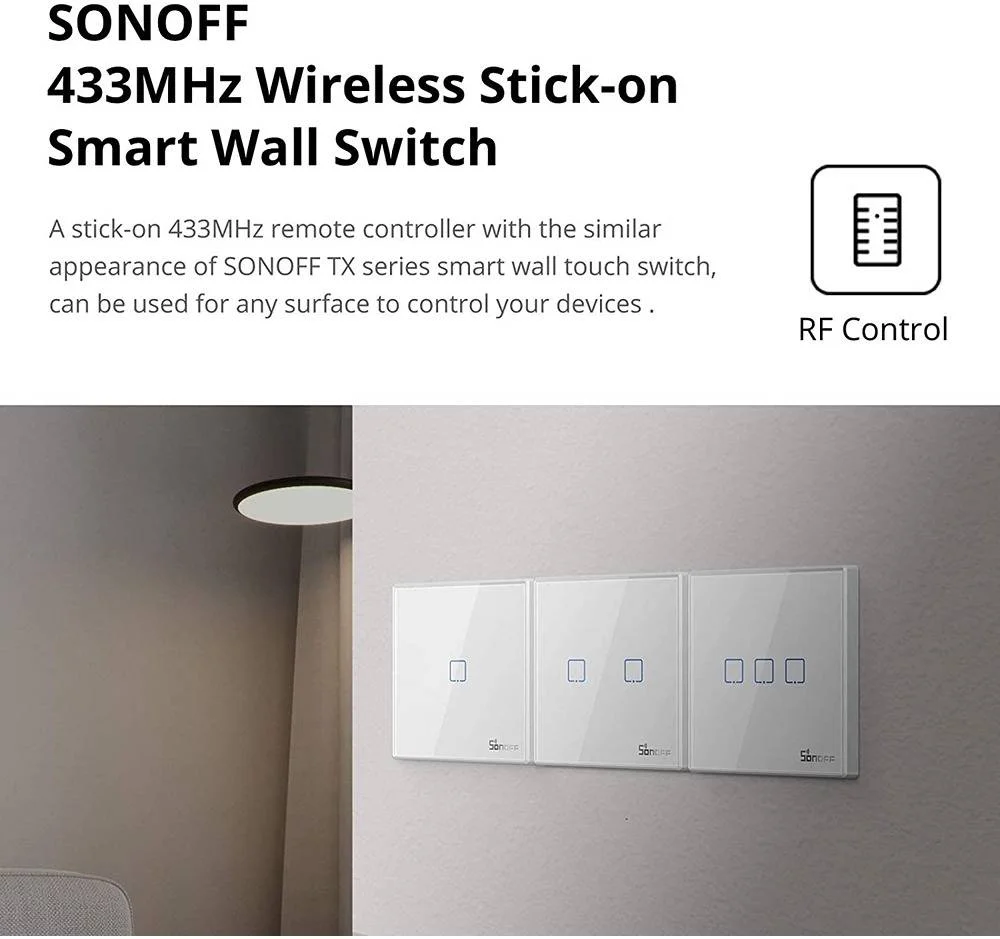 پنل دیواری ریموت کنترل RF سونوف 433MHz مدل 86، ضد پاشش آب، پنل شیشه ای، بدون نیاز به سیم کشی، 3 روش نصب، سفید | T2EU1C-RF