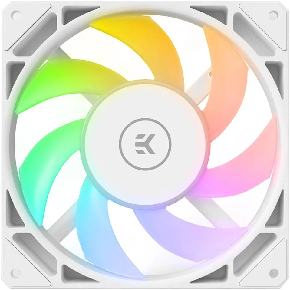 فن EK-Loop Fan FPT 120 D-RGB، بلبرینگ دینامیکی سیال، کابل تکی PWM و D-RGB، اکوسیستم EK-OmniLink، سرعت فن 550-2300 دور در دقیقه، حداکثر جریان هوای 77.00 CFM، سفید | 3831109898048