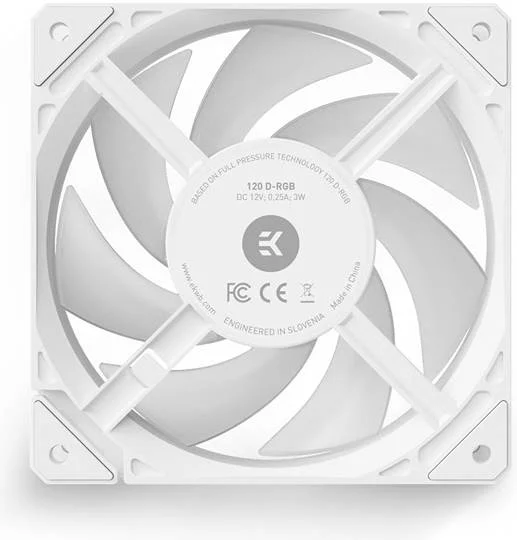 فن EK-Loop Fan FPT 120 D-RGB، بلبرینگ دینامیکی سیال، کابل تکی PWM و D-RGB، اکوسیستم EK-OmniLink، سرعت فن 550-2300 دور در دقیقه، حداکثر جریان هوای 77.00 CFM، سفید | 3831109898048