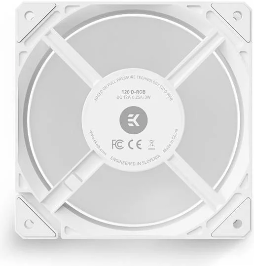 فن EK-Loop Fan FPT 120 D-RGB، بلبرینگ دینامیکی سیال، کابل تکی PWM و D-RGB، اکوسیستم EK-OmniLink، سرعت فن 550-2300 دور در دقیقه، حداکثر جریان هوای 77.00 CFM، سفید | 3831109898048