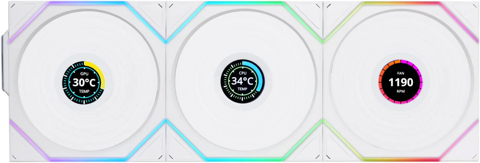 فن کیس بی سیم Lian-Li UNI FAN TL120 LCD، سایز فن 120 میلی متر، سرعت فن 1900 دور در دقیقه، جریان هوای فن 62 CFM، نوع بلبرینگ دینامیک سیال، جنس PBT & PA66، بسته 3 عددی، سفید | 12TLLCD1W3W