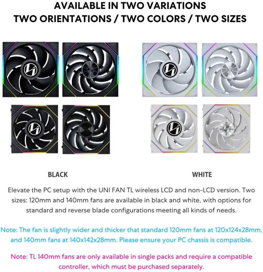 فن کیس معکوس بی‌سیم Lian-Li UNI FAN TL، سایز فن 140 میلی‌متری، سرعت فن 1800 دور در دقیقه، جریان هوای فن 103.9 CFM، بلبرینگ دینامیک سیال، 4 پین PWM، PA66 LCP، تک عددی، سفید | 14RTL1W1W