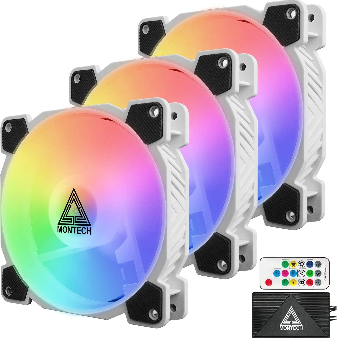 فن 120 میلی‌متری Montech Z3 PRO Addressable RGB، سه عدد در یک بسته با کنترلر نورپردازی، کنترل PWM برای کیس کامپیوتر، کنترلر از راه دور ARGB، جلوه‌های نورپردازی قابل برنامه‌ریزی - قاب فن سفید