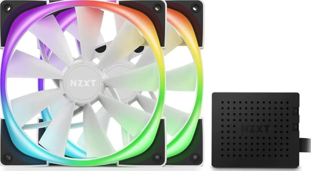 فن 140 میلی‌متری Nzxt Aer RGB 2 PWM، نورپردازی پیشرفته قابل تنظیم، نوک بالک، بلبرینگ دینامیکی سیال، LED، فن دوقلو، شامل کنترلر نورپردازی، سفید | HF-2814C-DW