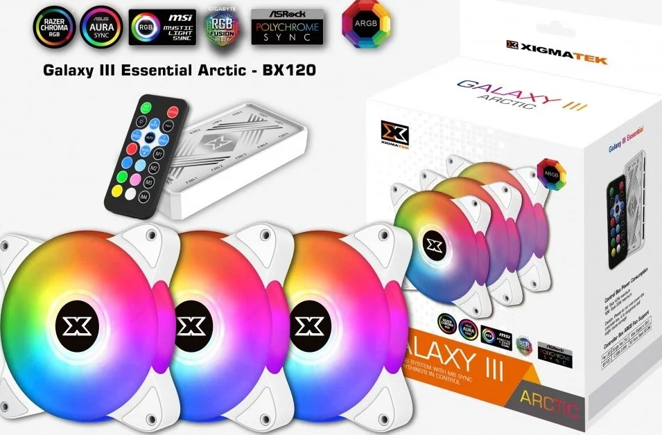 فن خنک کننده Xigmatek Galaxy III Essential - Bx120 Artic Argb (En46461): فن هاب (بسته 3 عددی، کنترلر، هاب برق) - سفید | EN46461