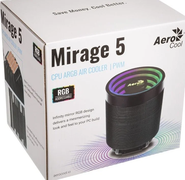 خنک کننده پردازنده ایروکول Mirage 5 aRGB، فن 60x45 میلی‌متری، 5 لوله حرارتی 6 میلی‌متری، سرعت فن 3000 دور در دقیقه، جریان هوای 74.3 CFM، نوع بلبرینگ هیدرولیک، کانکتور PWM 4 پین، مشکی | Mirage-5-ARGB
