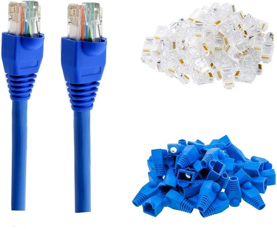 سرسیم و روکش کابل شبکه RJ45 تاراذهین، بسته 30 عددی، سرسیم کریستالی ماژولار Cat6، روکش محافظ کابل اترنت، 30 روکش آبی + 30 سرسیم RJ45، مطمئن و بادوام | TRJ45-BPB-30