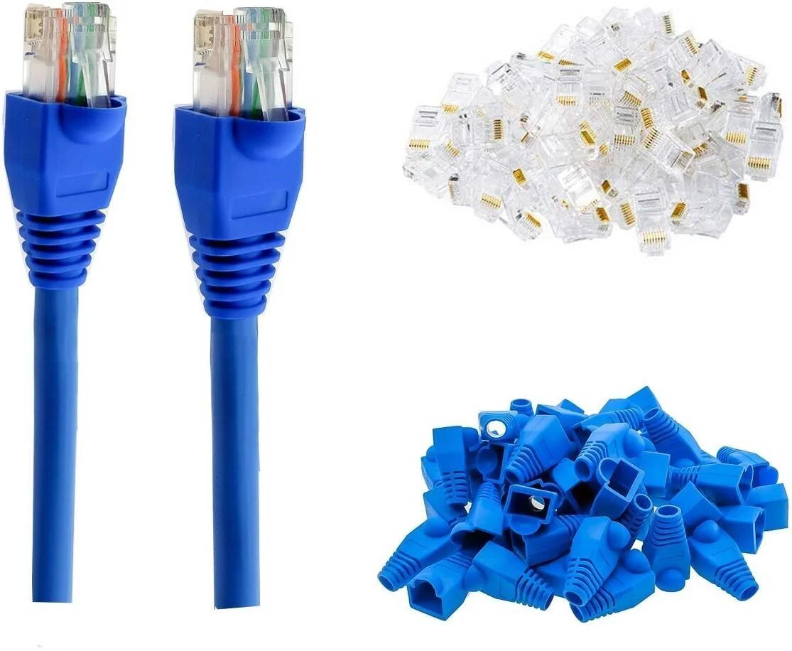 تارادهین روکش و کانکتور RJ45، بسته 5 عددی، کانکتور کریستالی ماژولار Cat6، روکش محافظ کابل شبکه، 5 روکش آبی + 5 کانکتور RJ45، مطمئن و بادوام | TRJ45-BPB-5