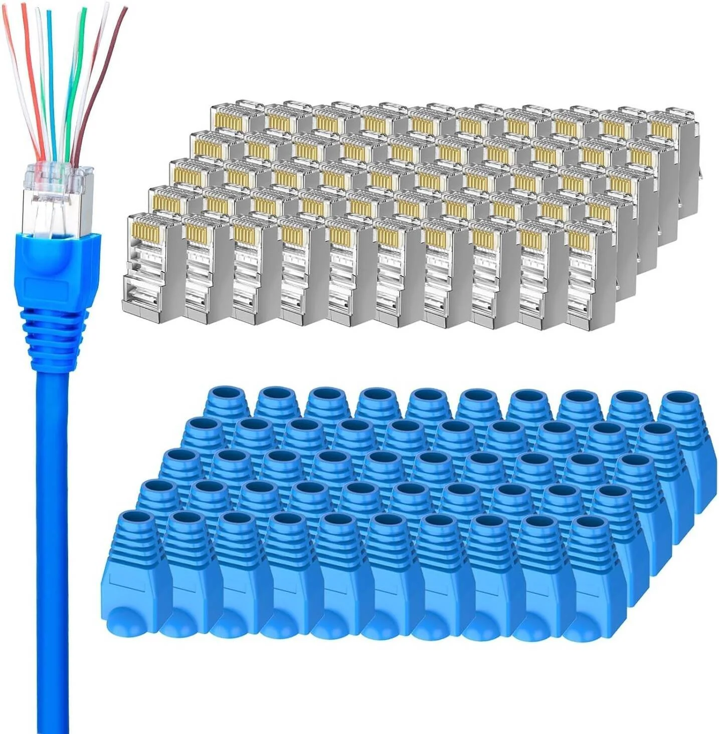 تارادین روکش و کانکتور RJ45، بسته 10 عددی، کانکتور کریستالی ماژولار Cat6، روکش محافظ کابل شبکه، 10 روکش آبی + 10 کانکتور RJ45، مطمئن و بادوام | TRJ45-BPB-10