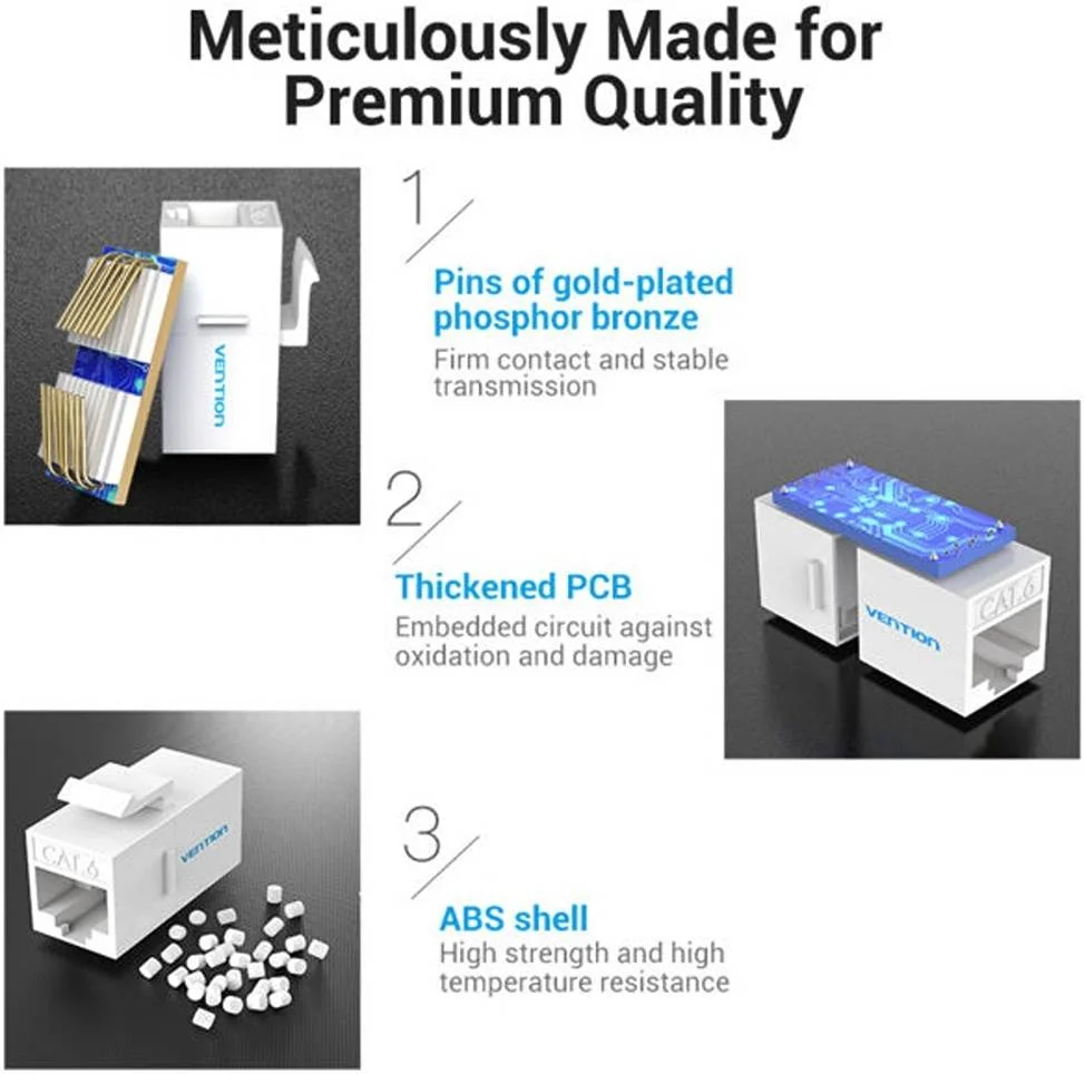 اتصال دهنده کیستون Cat.6 UTP ونشن، نوع پلاستیکی، پین های روکش طلا، مواد ABS سازگار با محیط زیست، PCB ضخیم شده، سفید | IPDW0