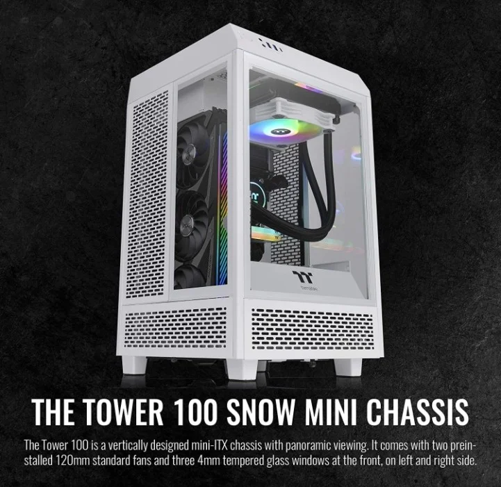 کیس Thermaltake The Tower 100 Mini-ITX، پنل های شیشه ای حرارت دیده 4 میلی متری، طراحی فیلتر گرد و غبار، USB Type-C / USB 3.0 - سفید | CA-1R3-00S6WN-00