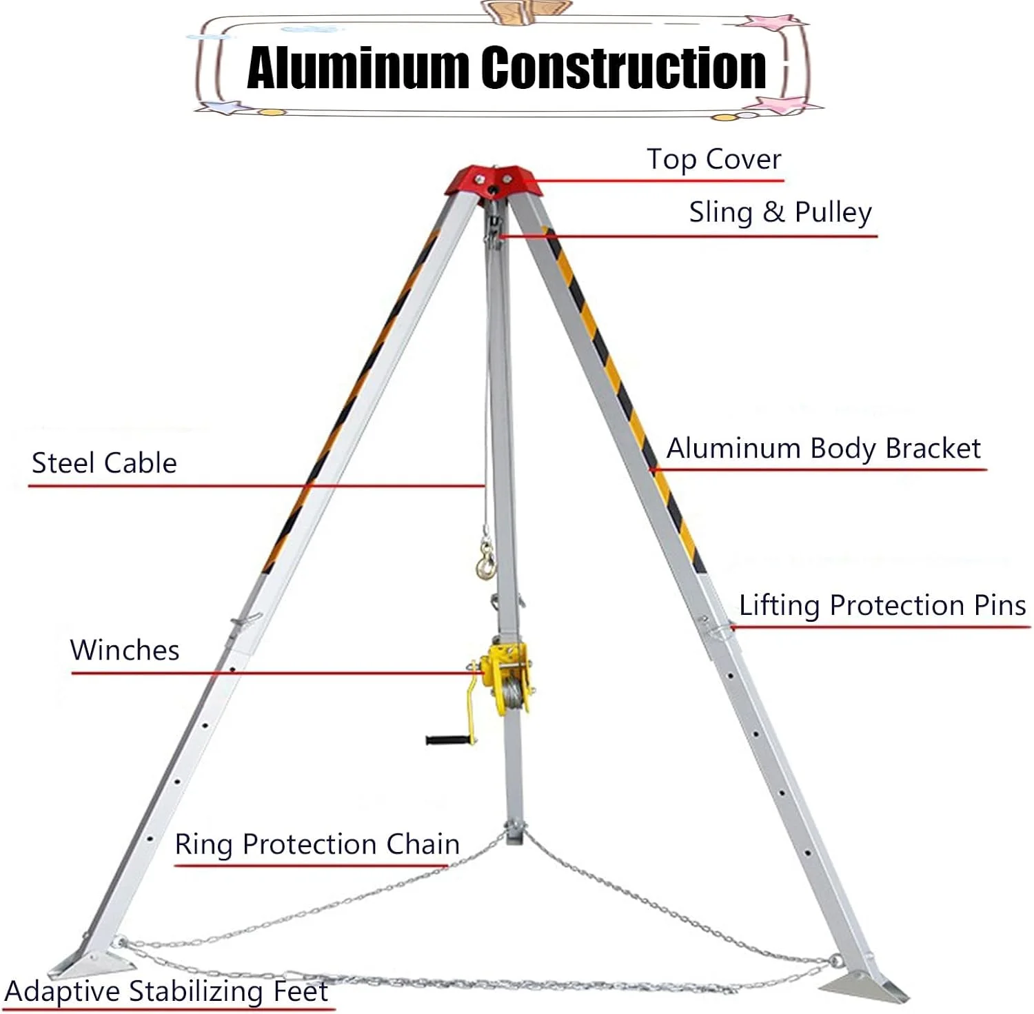 سه پایه نجات منهول، سه پایه آلومینیومی با وینچ 816.5 کیلوگرمی مناسب فضاهای محدود به همراه محافظ سقوط 10/15/20/30 متری، تجهیزات بالابر و نجات برای چاه، تونل فاضلاب (سایز: با محافظ سقوط 20 متری)