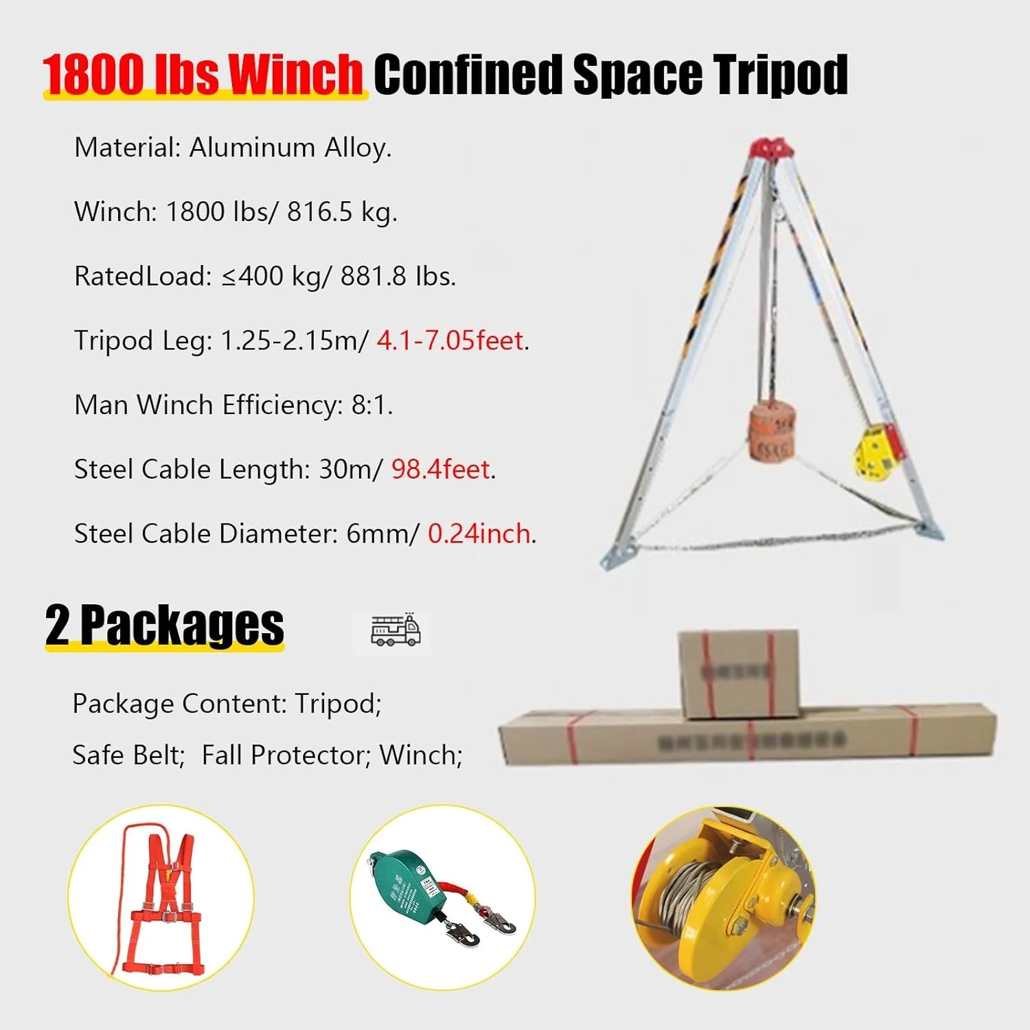 سه پایه نجات منهول، سه پایه آلومینیومی با وینچ 816.5 کیلوگرمی مناسب فضاهای محدود به همراه محافظ سقوط 10/15/20/30 متری، تجهیزات بالابر و نجات برای چاه، تونل فاضلاب (سایز: با محافظ سقوط 20 متری)