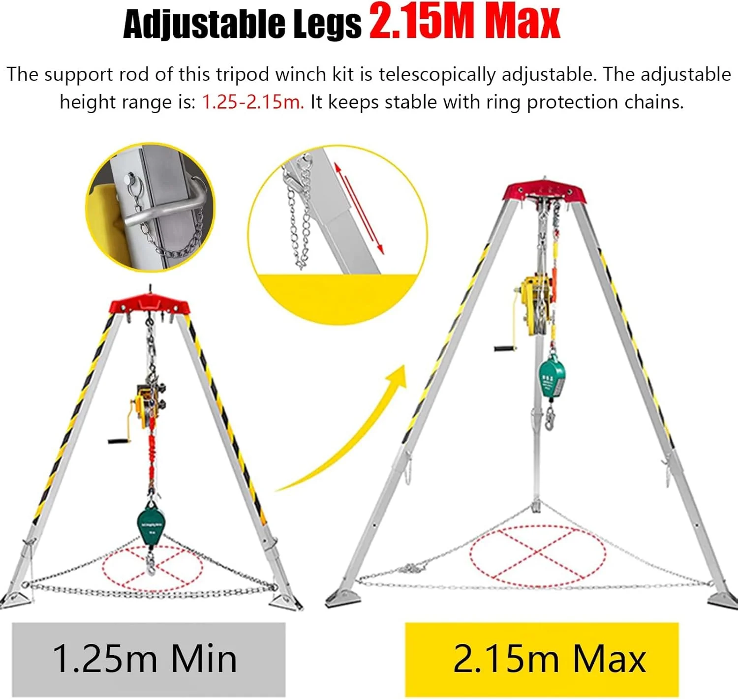 سه پایه نجات منهول، سه پایه آلومینیومی با وینچ 816.5 کیلوگرمی مناسب فضاهای محدود به همراه محافظ سقوط 10/15/20/30 متری، تجهیزات بالابر و نجات برای چاه، تونل فاضلاب (سایز: با محافظ سقوط 20 متری)