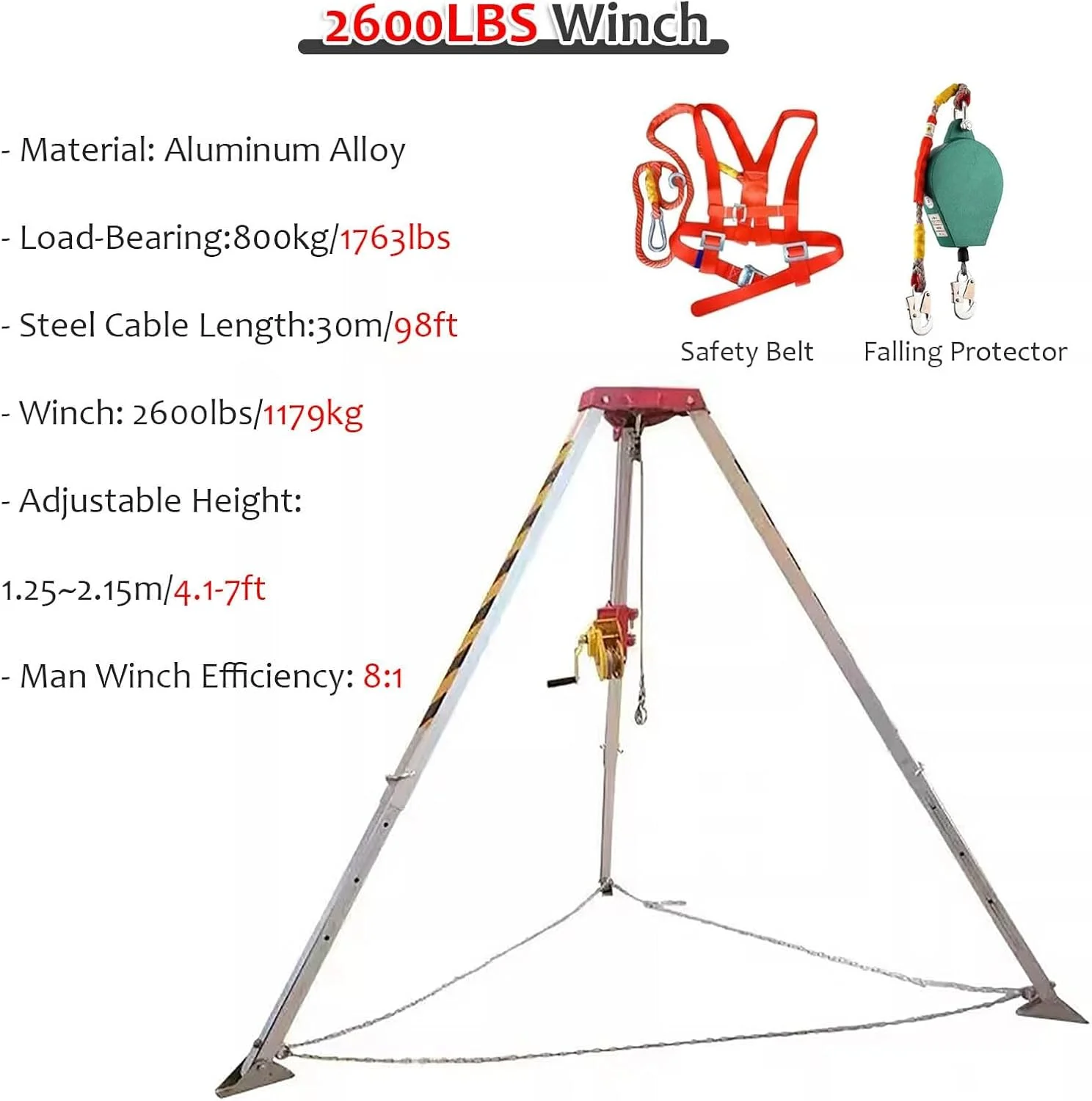 کیت سه پایه نجات فضای محدود، سه پایه نجات منهول با وینچ نجات و ابزار حفاظت در برابر سقوط، ابزار بالابر نجات اضطراری قابل حمل ضد سقوط (بار وینچ 226 کیلوگرم)