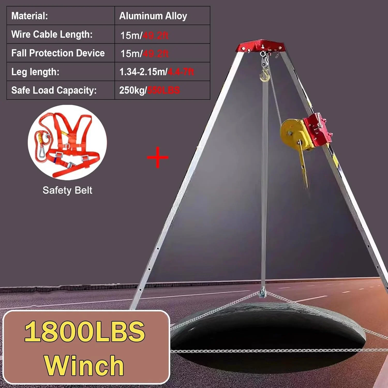 کیت سه پایه آلومینیومی سنگین برای فضاهای محدود، سیستم نجات جمع شونده ضد سقوط برای کار در ارتفاع/صخره/فضای باریک، با وینچ 15 متری (اندازه: همراه با کمربند ایمنی)