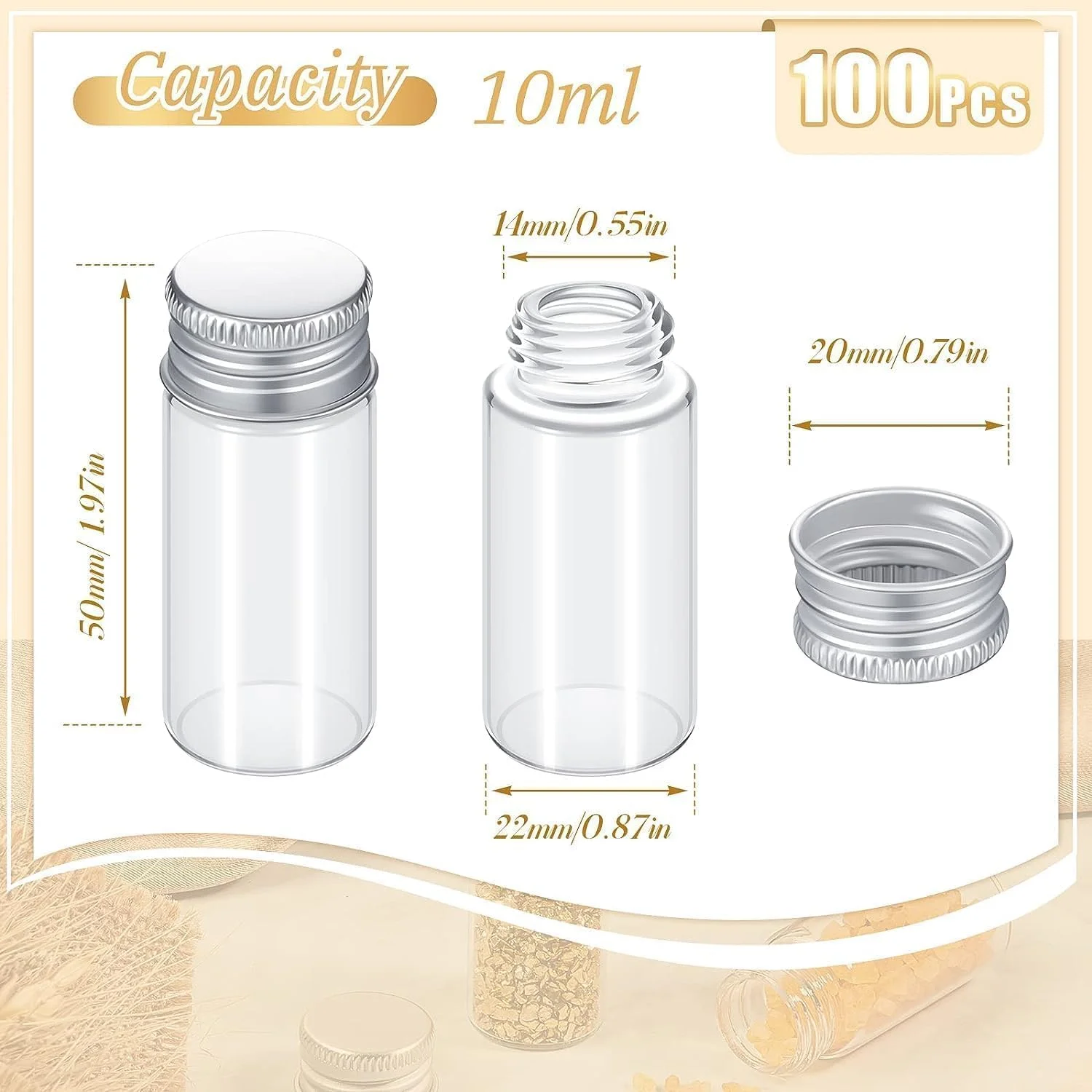 ۱۰۰ عدد ویال شیشه ای کوچک شفاف با درب پیچی آلومینیومی، شیشه های کوچک خالی با درب، ظروف نمونه DIY، برای پودر، کرم، لوازم آرایشی، جواهرات، دکوراسیون عروسی، ۱۰ میلی لیتر