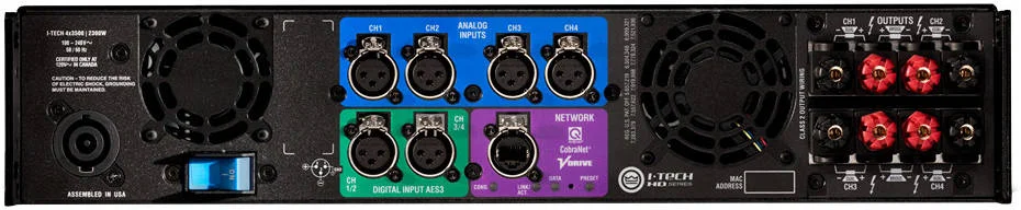 آمپلی‌فایر قدرت چهار کاناله کرون I-Tech 4x3500HD، 4000 وات در 4 اهم، 4 ورودی، 4 خروجی (آنالوگ، AES 3، VDrive، CobraNet)، کانکتور برق 32A PowerCON | 4X3500HDB-U-EUFX