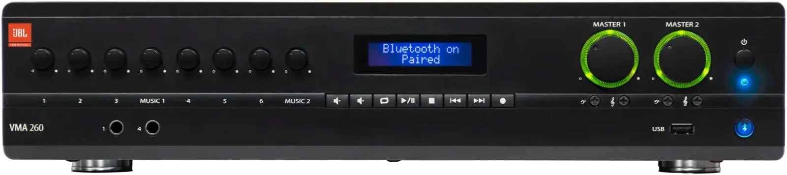 میکسر/آمپلی فایر JBL VMA 260/2120 با 8 ورودی و خروجی 60/120 وات، خروجی 100 و 70 ولت، زنگ پیجینگ، قطع صدای اولویت دار، مشکی