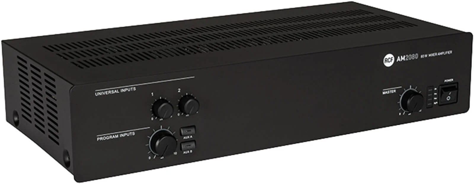 میکسر آمپلی فایر دیجیتال 80 واتی RCF مدل AM 2080 با 2 ورودی میکروفون/لاین و 2 ورودی کمکی، خروجی 70 ولت/100 ولت و 4 اهم، اولویت بندی، VOX و زنگ، مشکی | AM2080