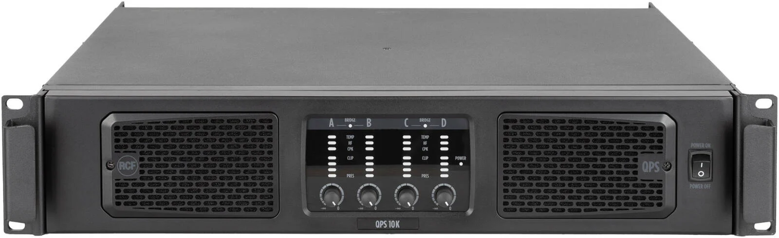 آمپلی فایر قدرت حرفه ای 4 کاناله RCF QPS 10K، 4x2500W در 2 اهم (کلاس HD)، 2x5000W بریج، اعوجاج فوق العاده کم، حالت های متنوع، رک مونت 2U، مشکی | QPS 10K