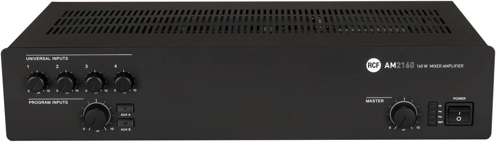 میکسر آمپلی‌فایر دیجیتال 160 وات RCF AM 2160 با 4 ورودی میکروفون/لاین، 2 ورودی AUX، خروجی 70 ولت/100 ولت و 4 اهم، اولویت، VOX و Chime، مشکی | AM 2160