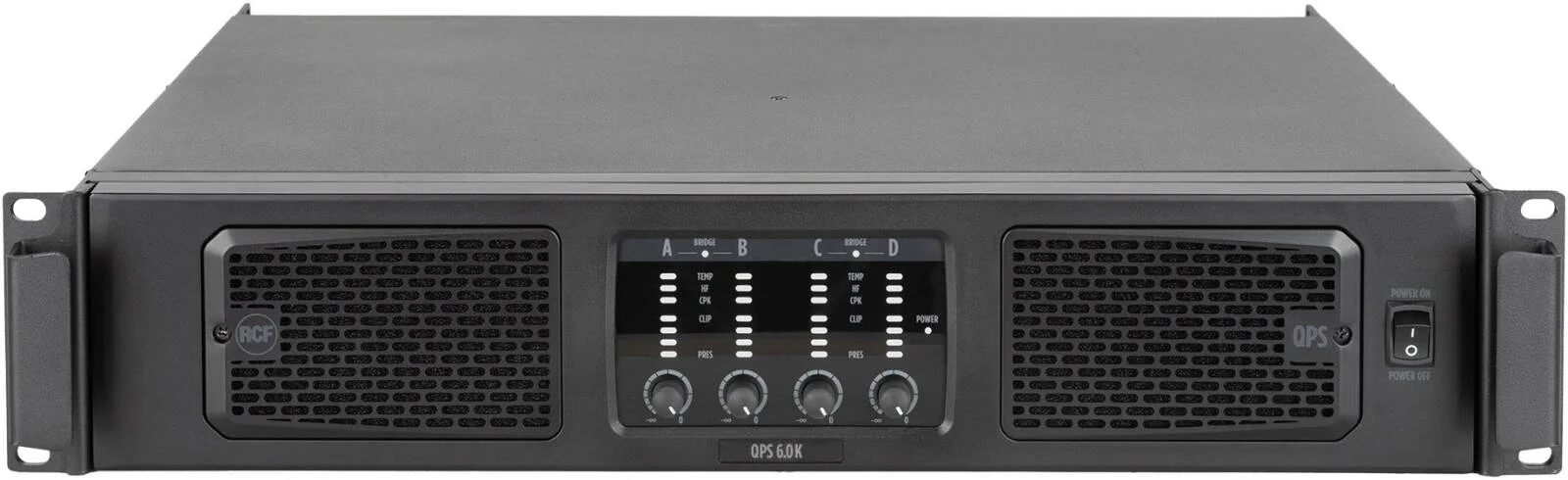 آمپلی فایر قدرت 4 کاناله حرفه ای RCF QPS 6.0K، 4x1500W در 2 اهم (کلاس HD)، 2x3000W بریج، اعوجاج کم، حالت های استریو/موازی/بریج، رک مونت 2U، مشکی | QPS 6.0K